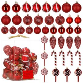 Коледни топки за елха, 40 кръгли форми, близалки, шишарки, бонбонени бастунчета, червени CA0978