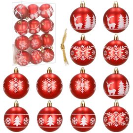 Коледни топки 12 бр. 7 см комплект, декорирани коледни орнаменти, полуматово червено CA1540