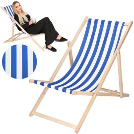 Сгъваем дървен плажен шезлонг, 3 нива на регулиране, градински, бели и сини райета DC0001WB-1