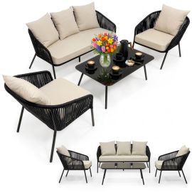 Градински мебели, комплект мебели за тераса: масичка за кафе, фотьойли, диван, черно и бежово GF0116