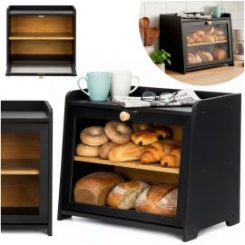 Черна бамбукова кутия за хляб, двуетажна, голям контейнер за хляб, с прозорец, шкаф KI0160