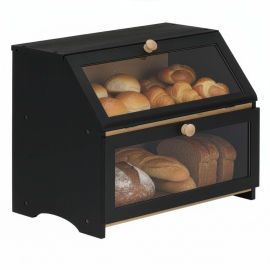 Затворена кутия за хляб, на две нива, шкаф за хляб, контейнер за хляб, бамбук, черен KI0161